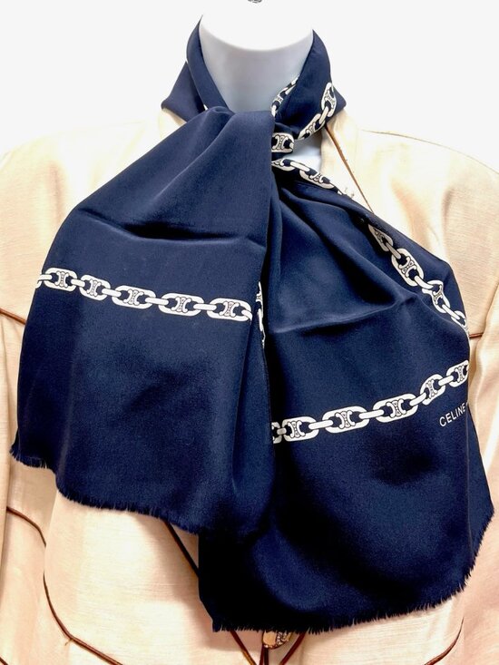 Celine Accessories - Unused -French Made  Celine silk scarf   46" x11" Black Blue logo Fringe ( 21)